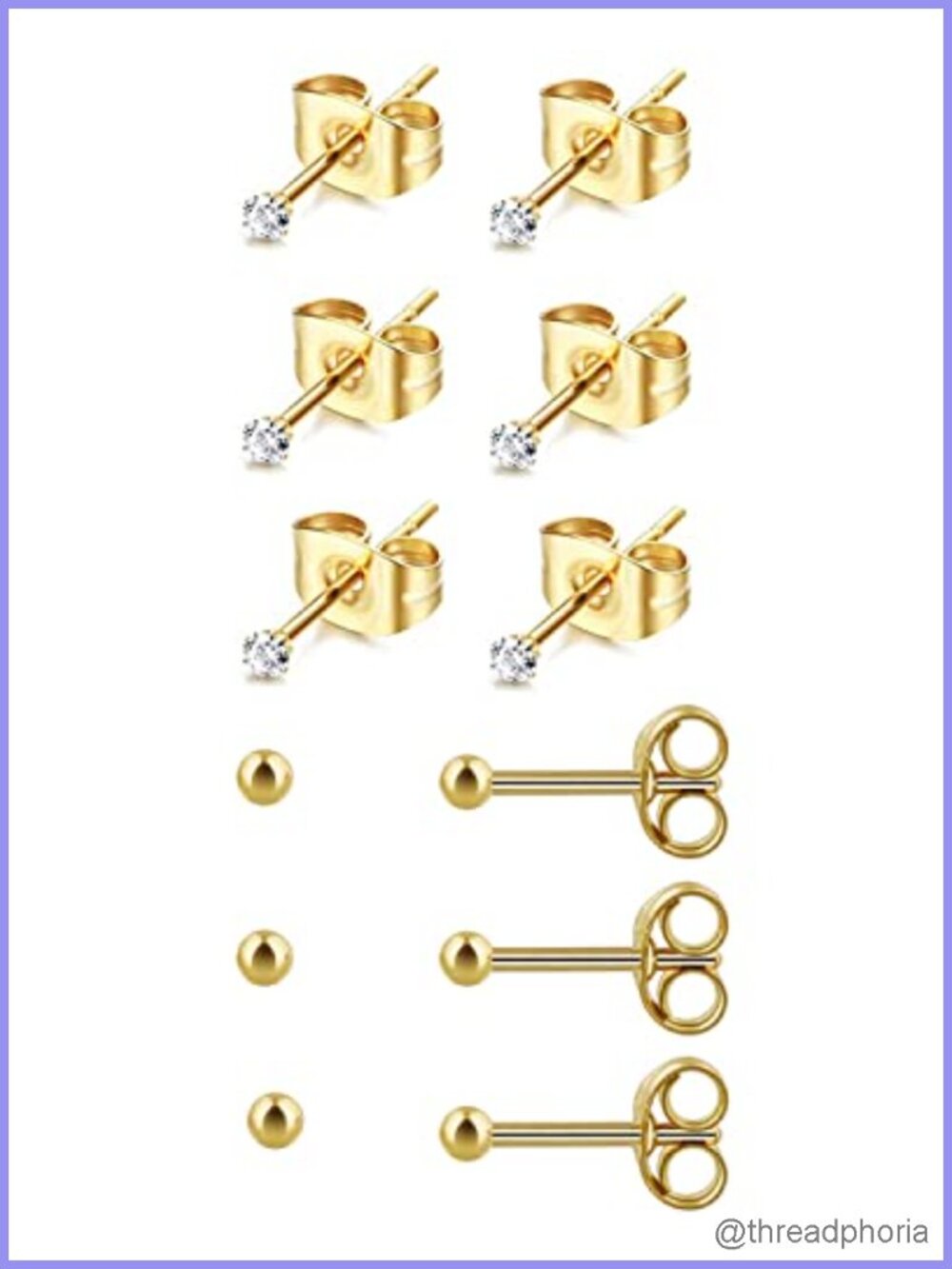 Surgical Steel 14K Gold Filled Stud Earrings 6 Pair Set Hypoallergenic